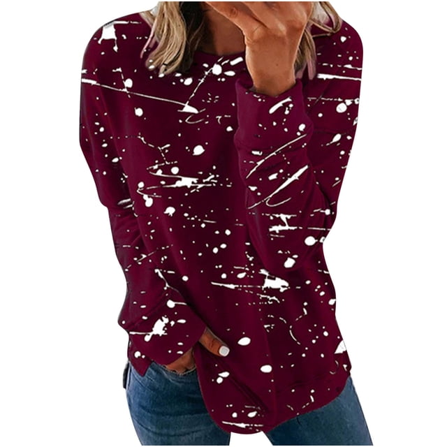 IROINID Liquidation Hauts Grande Taille pour Femmes Imprimé Manches Longues Confortable Respirant Col Rond Chemise Hauts, Bordeaux