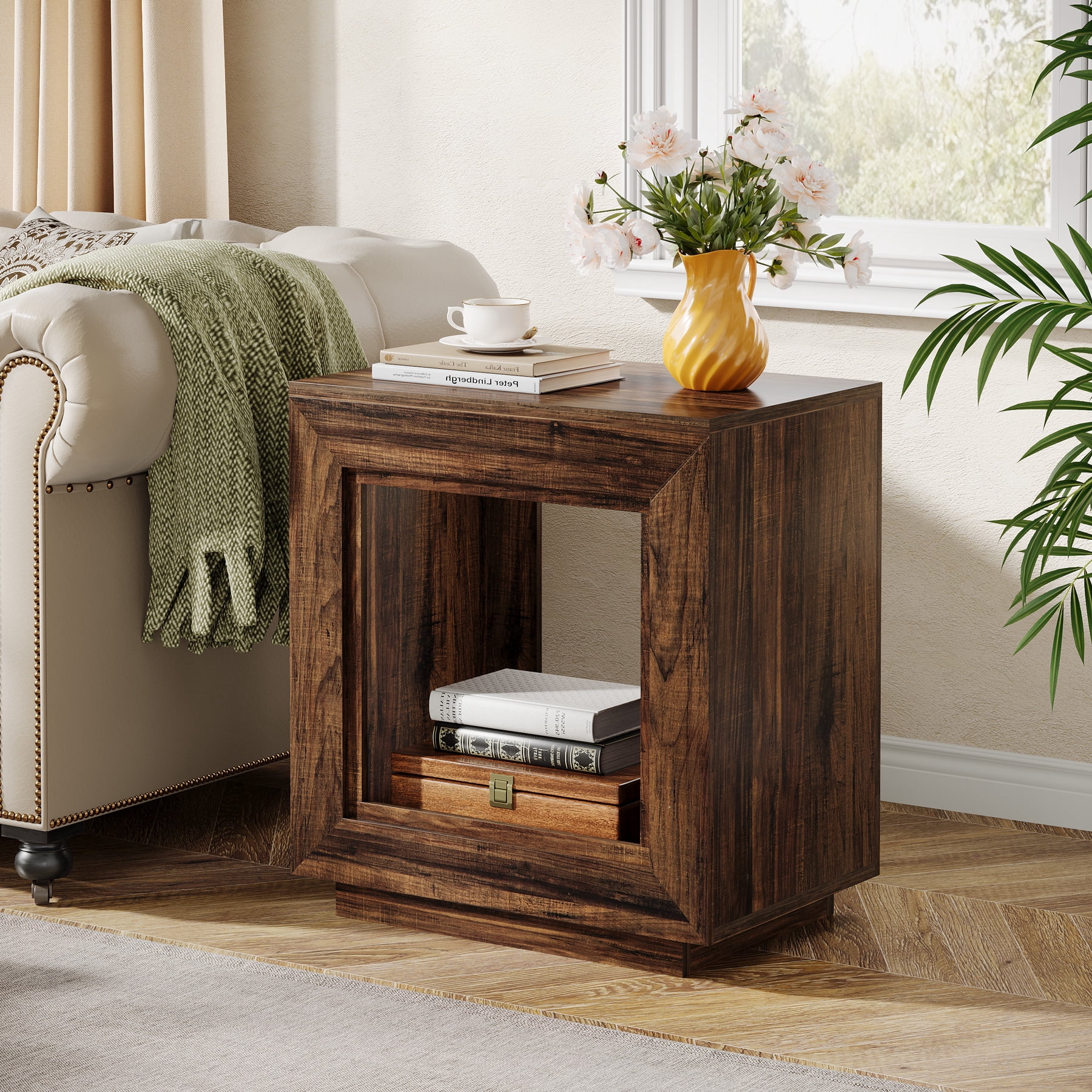 MAYEERTY 24" 2-Tier Square Farmhouse End Table, Rustic Brown Wooden Side Table with Storage Shelf, Multi-Purpose Bedroom Nightstand