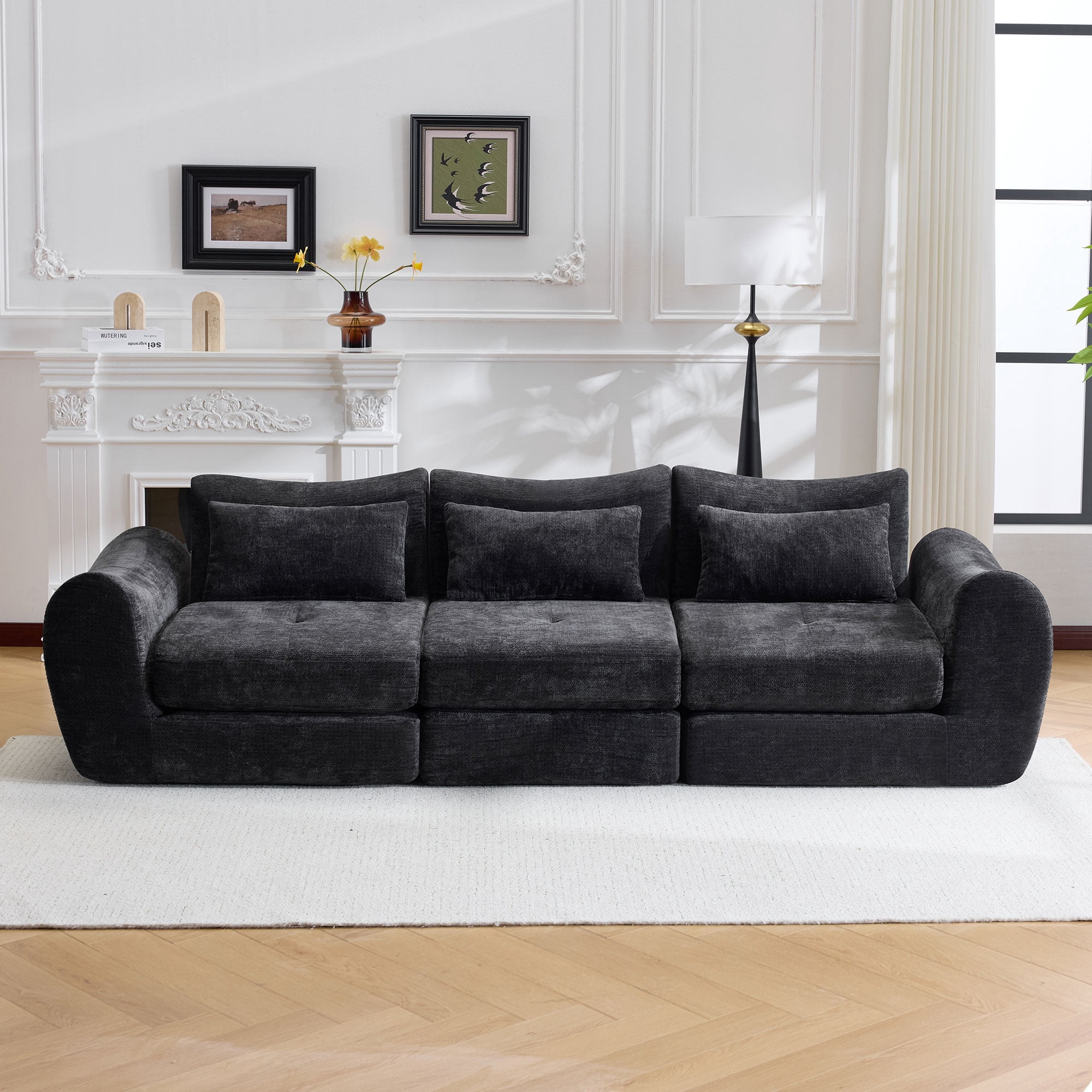 Gewnee Folding Sofa Bed,Modular Convertible Couch with Pillows,Pull Out Floor Couch,Chenille Boneless Futon Bed for Living Room,Bedroom.Black