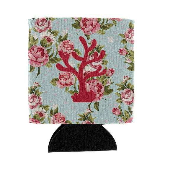Coral Shabby Chic Blue Roses Can or Bottle Beverage Insulator Hugger BB1101