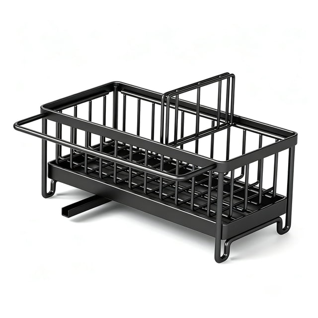 Organizador Multifuncional para Fregadero de Cocina, Porta Esponjas con Bandeja de Drenaje Automático, Perchero para Paños de Cocina, Acero Inoxidable Negro Resistente a la Corrosión