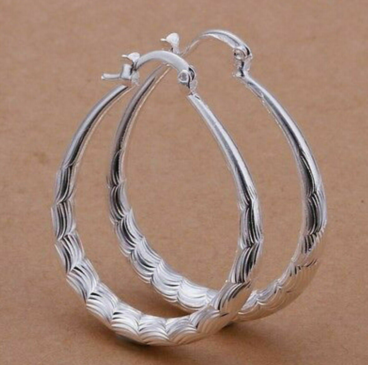 Womens 925 Sterling Silver Elegant Oval Shaped Extra Large Tracery Hoop Earrings
