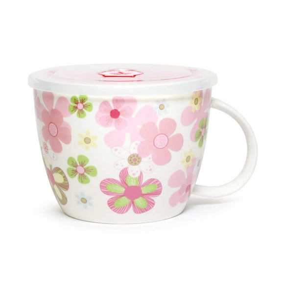 Microwavable ceramic Noodle Bowl with Handle and Seal Fine Porcelain Floral Design (cherryBlossom)