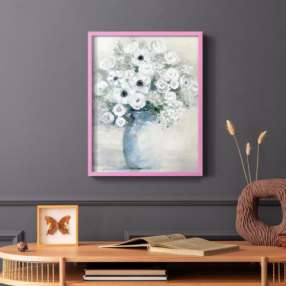 White Anemone Bouquet Framed Print in Pink Solid Wood 11 x 14 Framed Print