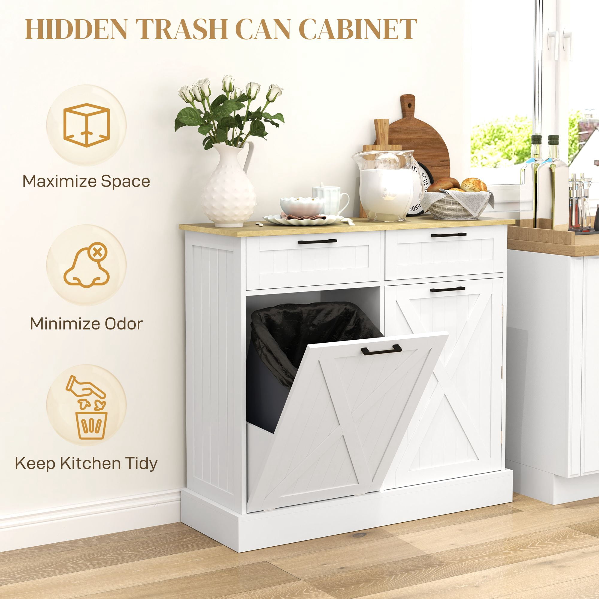 Tilt Out Trash Can Cabinet with 10 Gallon Hidden Trash Can, 2 Drawers, Spice Rack, for Kitchen
