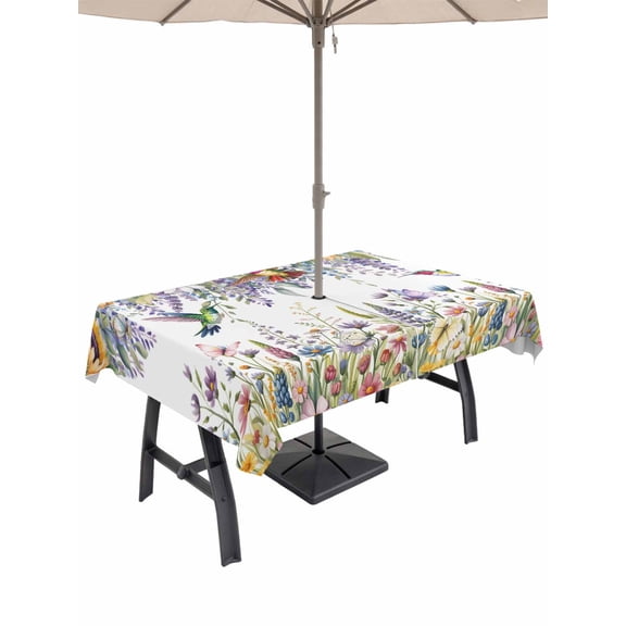 Outdoor Tablecloth with Umbrella Hole and Zipper, Watercolor Floral Rectangle Table Cloth 60x102 Inch Waterproof Tablecloth, Spring Daisy Sunflowers Wisteria Hummingbird Picnic Table Cover for Patio