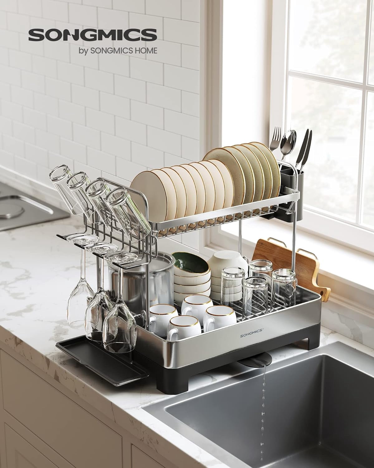 2 Tier Dish Drying Rack with Rotatable and Extendable Drain Spout, Dish Drainer, Black