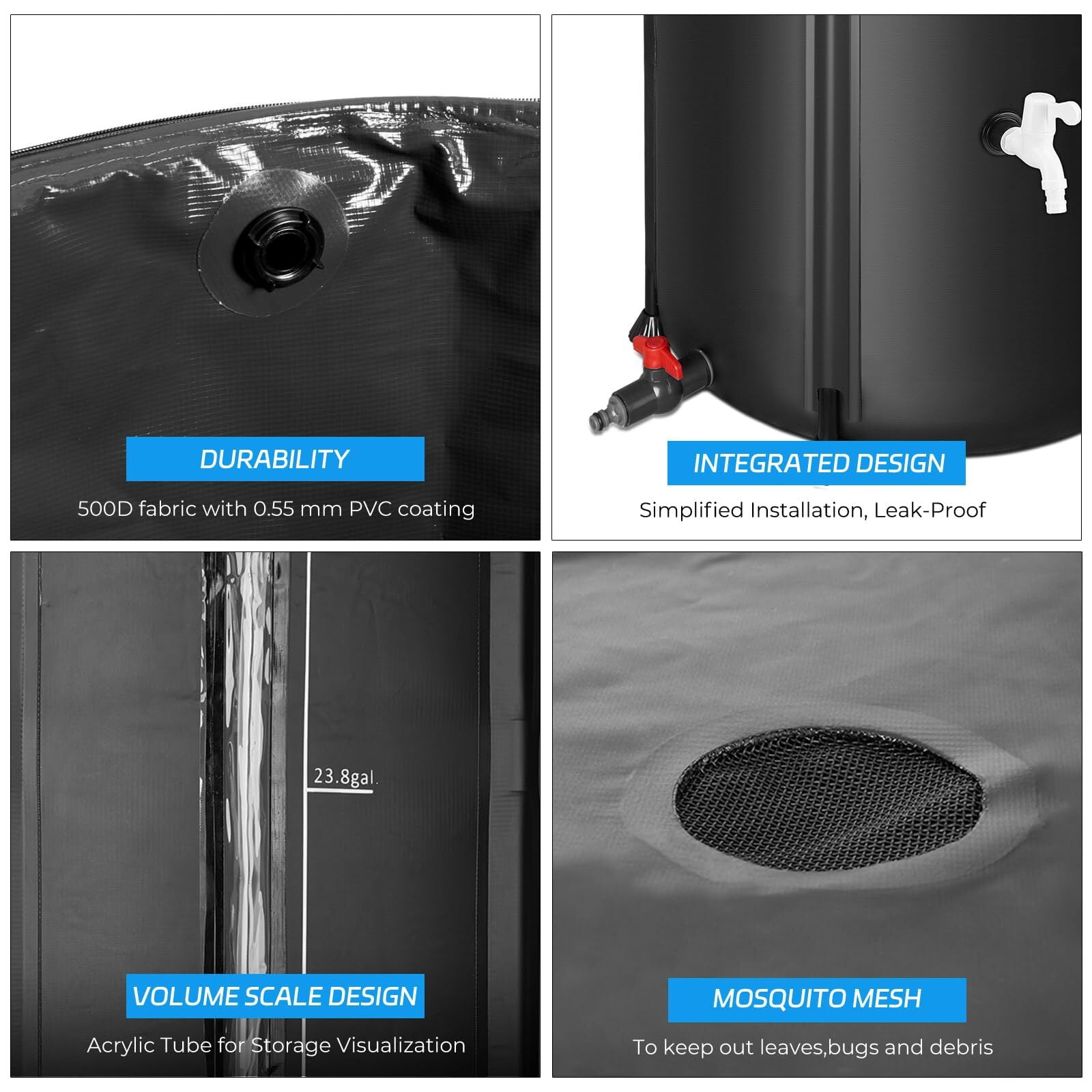 Collapsible Rain Barrel 53 Gallon Rainwater Collection Storage Tank with Garden Hose, Black