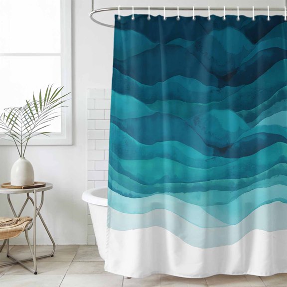 Teal Turquoise Waves Waterproof Shower Curtain,Extra Large 72"x96" Washable Polyester Fabric Shower Curtains for Bathroom,Ombre Coastal Ocean Water Abstract Decorative Bathtub Curtain Sets with Hooks