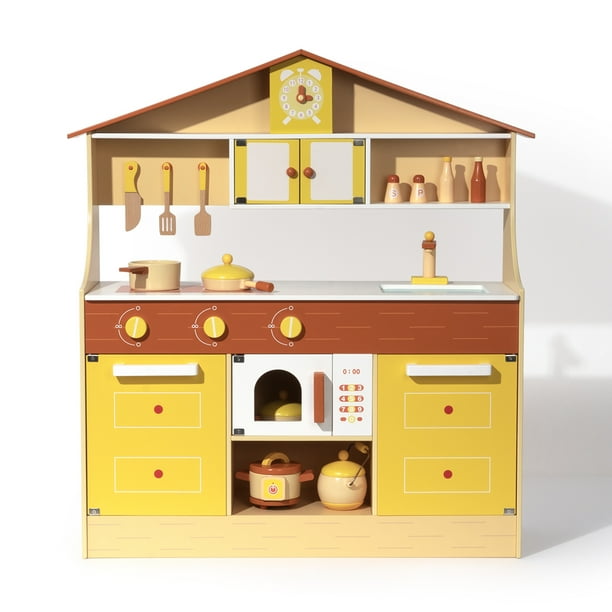 Pretend Play Kitchen Wooden Toy Set For Kids Toddlers Cooking Pretend Play Set Toys Gifts For Boys And Girls Yellow Walmart Com Walmart Com