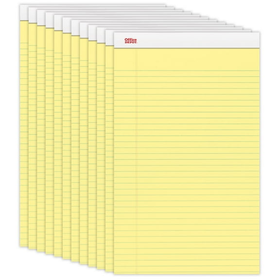Office Depot Perforated Writing Pads, 8 1/2in. x 14in., Legal Ruled, 50 Sheets, Canary, Pack Of 12 Pads, 99420