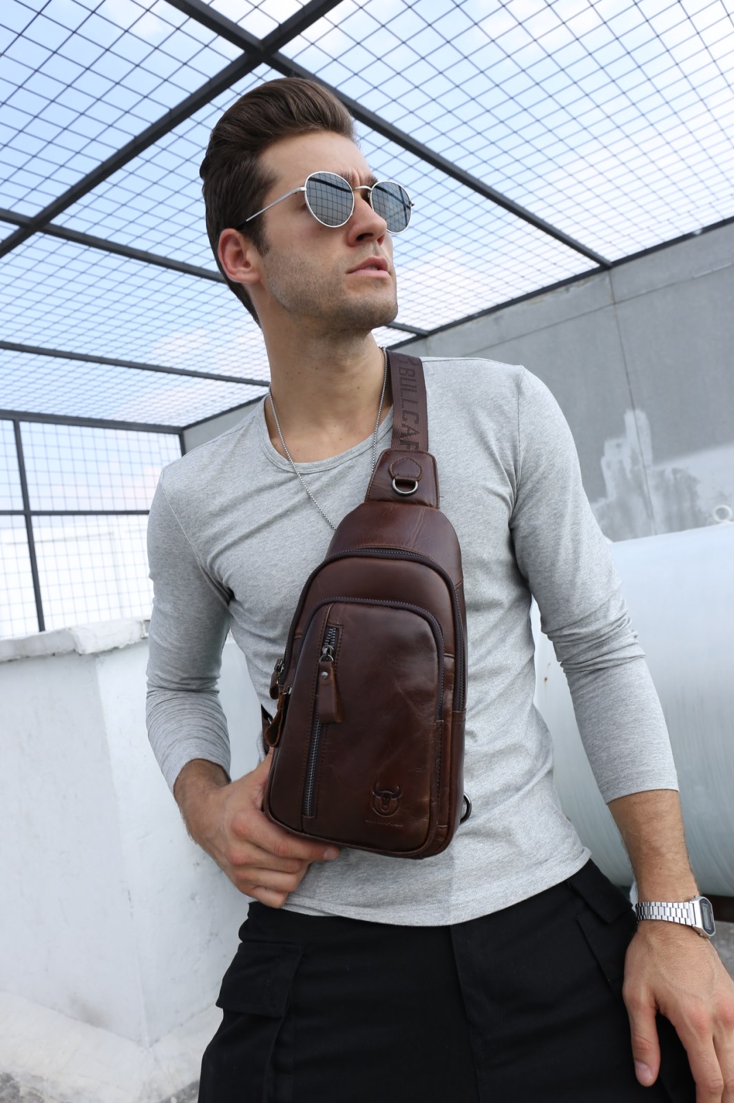 Sling Bag, BULLCAPTAIN Leather Chest Bag Crossbody Shoulder Business Backpack Outdoor Daypack