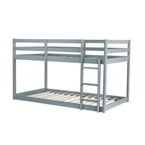Twin over Twin Solid Wood Floor Bunk Bed, Ladder, Strengthened Slats, Gray