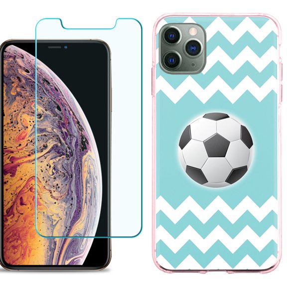 For Apple iPhone 11 Pro Max Case , Slim-Fit TPU Protective Phone Case (Pink Bezel) with Tempered Glass Screen Protector, by OneToughShield ® - Chevron/Teal/Soccer