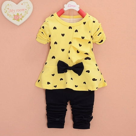 

CNGELG Baby Sets Heart-shaped Print Bow Cute 2PCS Kids Set T shirt + Pants YE/90