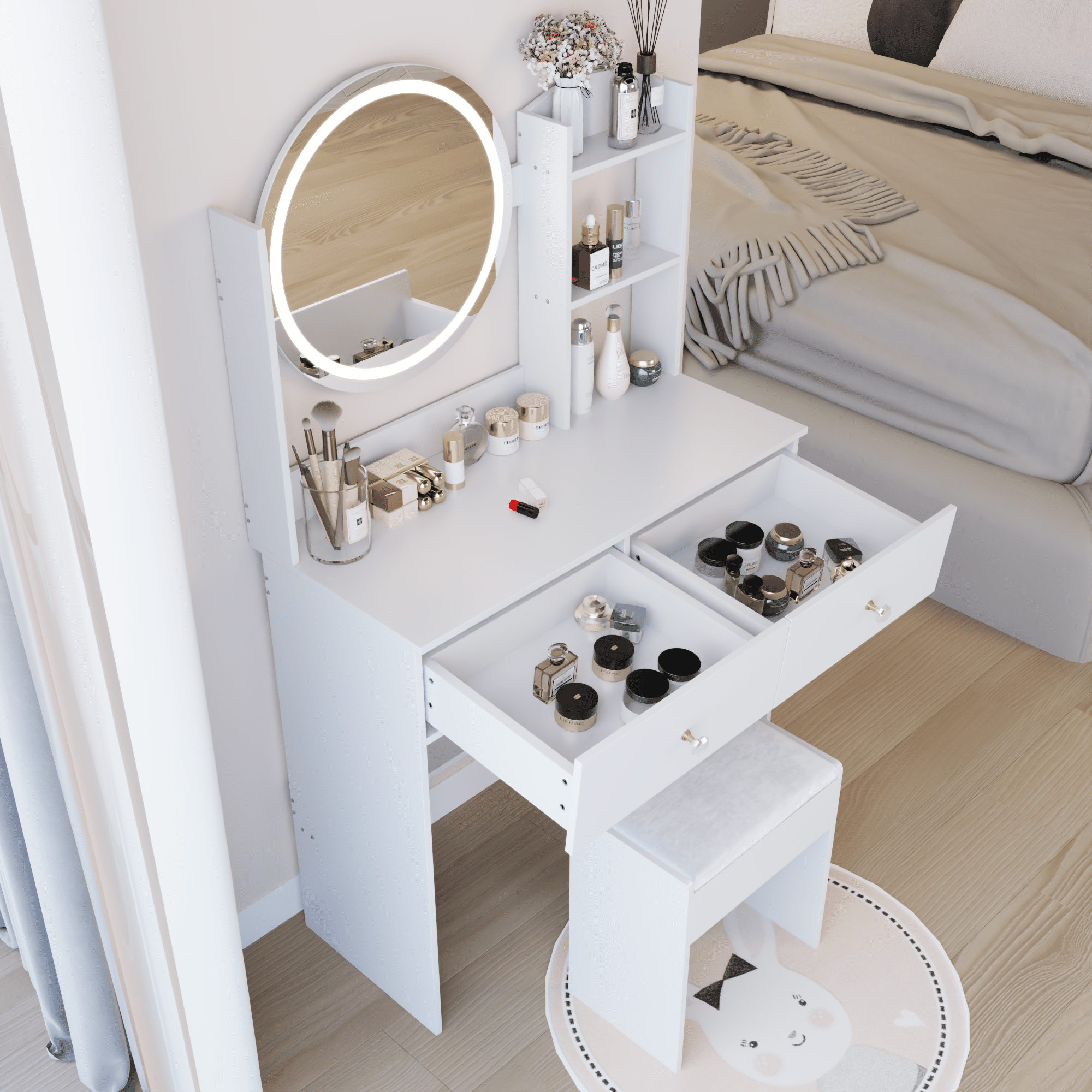 Leumius Makeup Vanity Desk with Mirror and Lights,Dressing Table with 2 Drawers,3 Color Lighting Brightness,Multi-layer High Capacity Storage Makeup Table for Bedroom,White