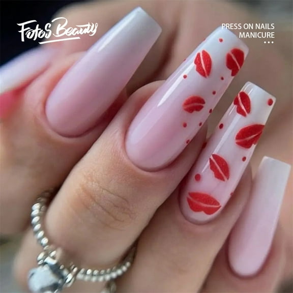 Fofosbeauty 24pcs Press on False Nails Tips, Coffin Fake Acrylic Nails, French Gradient Lip Print