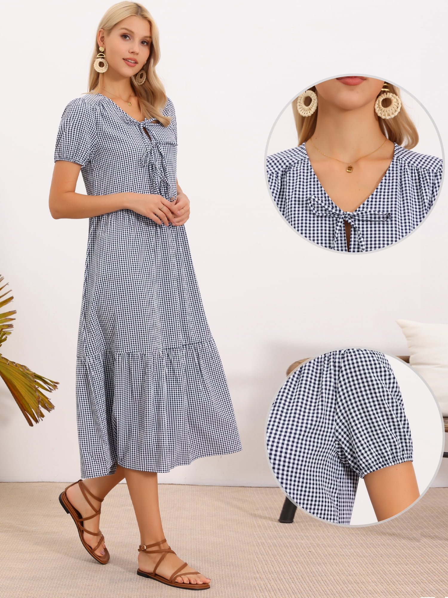 DARING DIVA Women's Gingham Short Sleeve Midi Flowy Tie Front Dress XL Black Blue