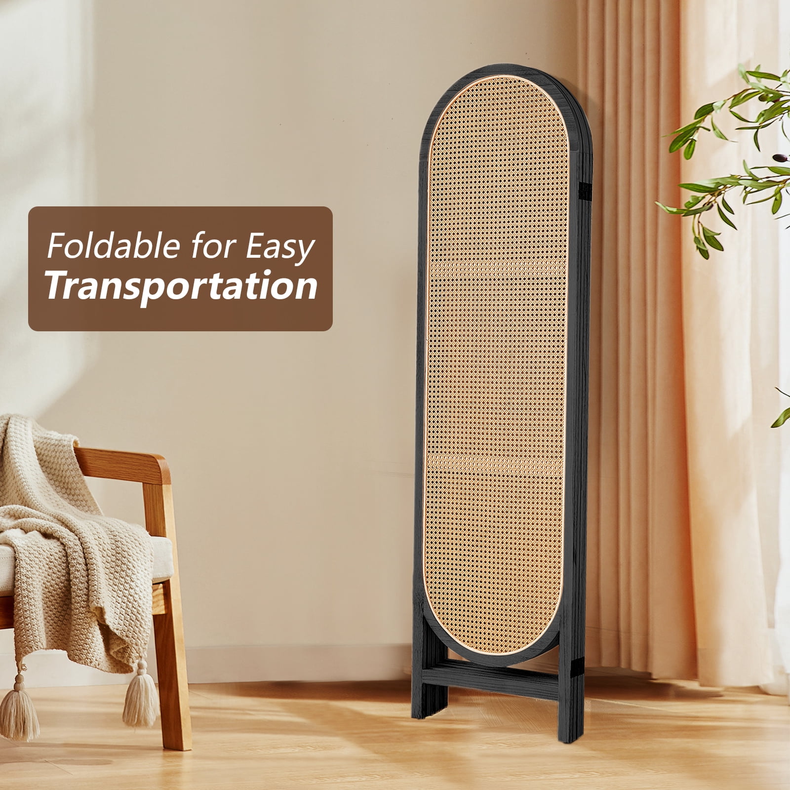 ALeesing 4 Panel Rattan Room Dividers, Folding Privacy Screens, No Installation Required, Black