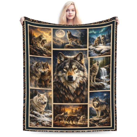 Wolf Wildlife Collage Art Throw Blanket, Soft Cozy Fleece Decorative Blanket for Bed Sofa Couch All Season 50x40