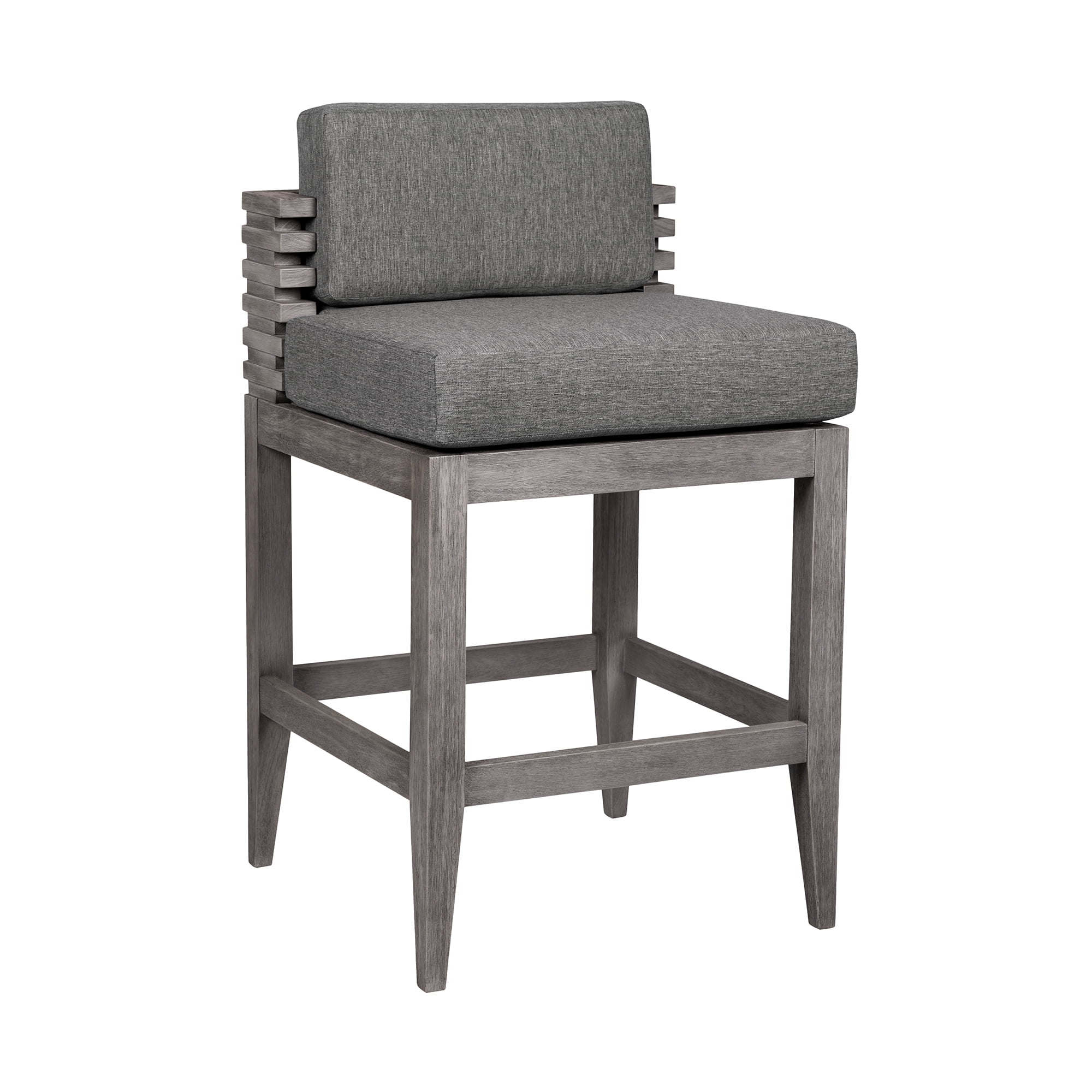 Vivid Outdoor Patio Bar Stool in Gray Eucalyptus Wood with Gray Olefin Cushions - Set of 2