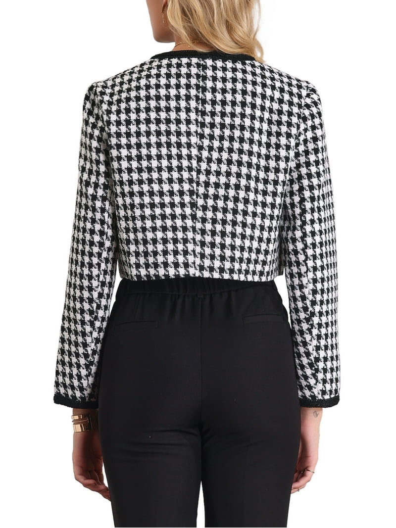 INSPIRE CHIC Womens Houndstooth Blazer Collarless Open Front Crop