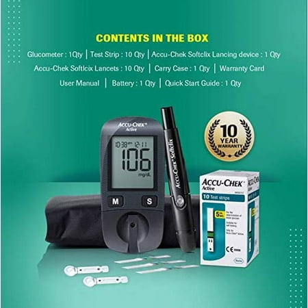 Accu-Chek Active Blood Glucose Glucometer Kit With Vial Of 10 Strips, 10 Lancets And A Lancing Device Free For Accurate Blood Sugar Testing
