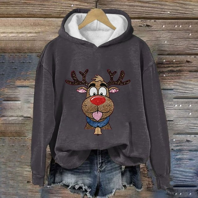 Prix Réduit! Aqestyerly Hauts de Noël pour Femmes Liquidation Femmes Imprimé de Noël Col Rond Manches Longues Pull Ample