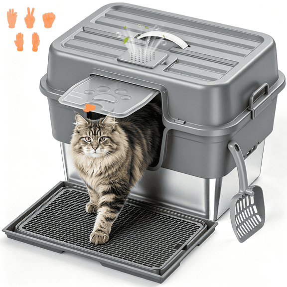 Stainless Steel Cat Litter Box with Lid β Enclosed XL Litter Box, Anti-Scatter Filter Plate, Leak-Proof, Includes Honeycomb Mat & Metal Scoop(Ashy)