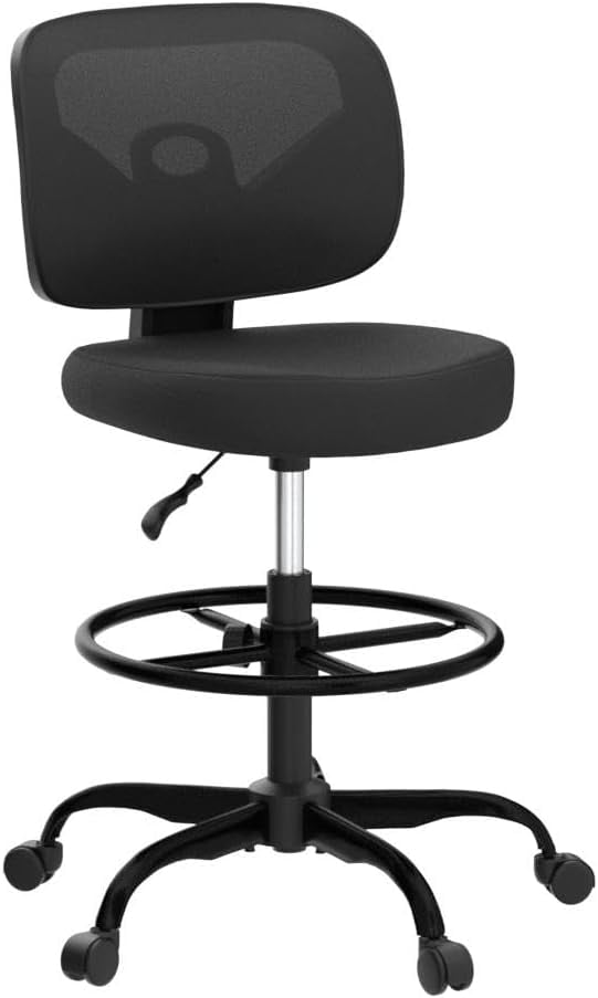 Tall Drafting Desk Chair - Armless, Adjustable Height, Mesh Back, Rolling, Standing Desk Chair for Art Room, Office or Home