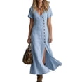 thumbnail image 2 of Odbmxy Short Sleeve Women Maxi Dresses Summer Sheath Shirt Dress Holiday Ruffle Tunic Slim Dresses for Women V-Neck, 2 of 5