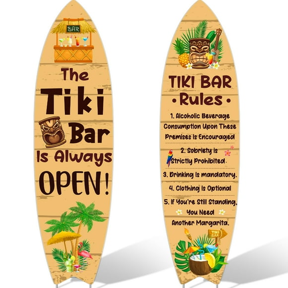 2 PCS Tiki Bar Surfboard Yard Signs Surfboard Beach Signs with Stakes Hawaiian Luau Party Decoration Summer Theme Decor for Tiki Bar Beach Outdoor