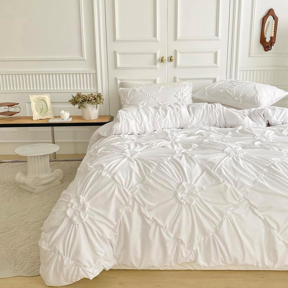 Rustic French Style Textured Flower Pinch Pleated White Duvet Cover Set Solid Luxury Bedding Sets,Queen Size