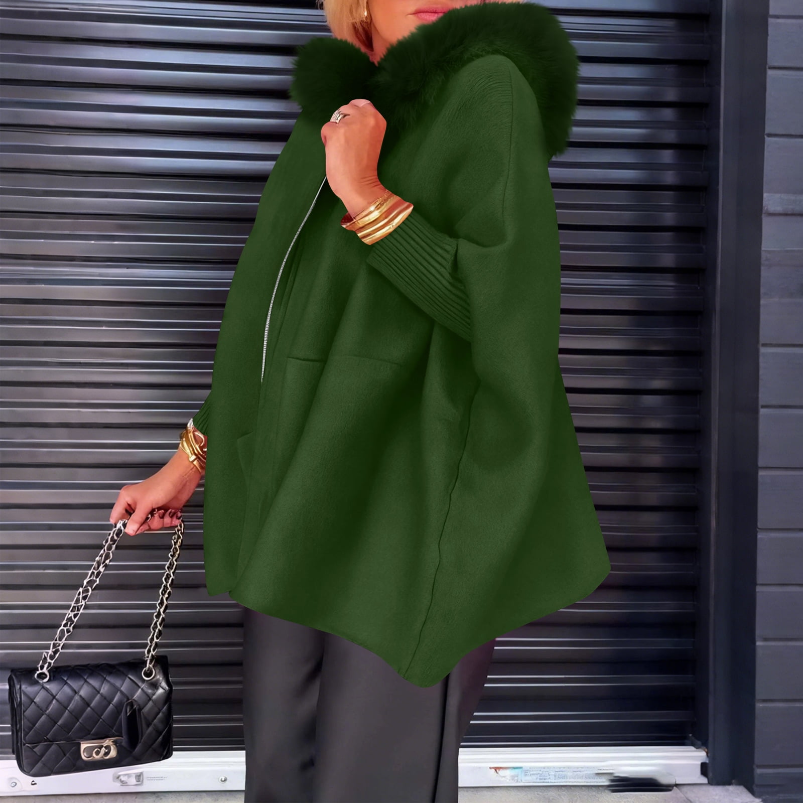 Women's Full Zip Up Hoodie Long Sleeve with Faux Fur Hooded Sweatshirts Front Pockets Jacket Loose Fit Coat for Women Army Green XL