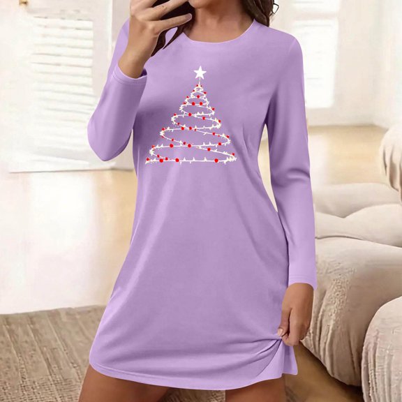 Women Nightgown Long Sleeve Christmas Print Sleepshirts Soft Knee Length Pajama Sleepwear Purple XL