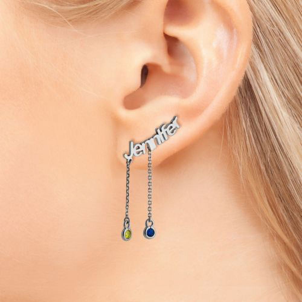 Personalized Planet Women's Sterling Silver Name with Birthstone Dangle Crawler Earrings