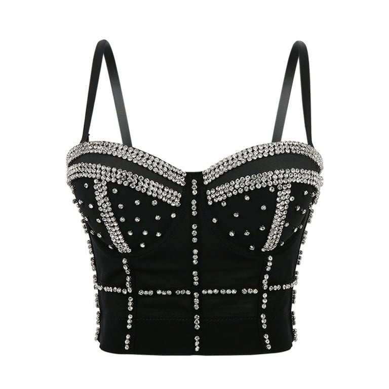 Women's Gold Rhinestone Push Up Bra Clubwear Party Bustier Crop