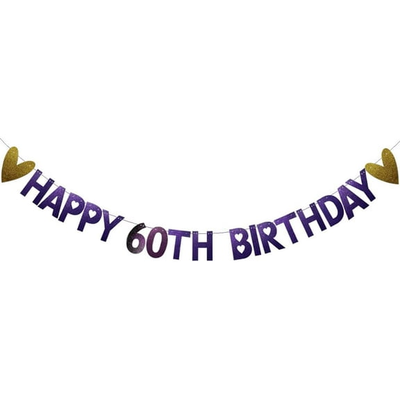 Happy 60th Birthday Banner，Purple Glitter Paper Garlands Banner for 60th Birthday Party Decorations Supplies, Letters Purple,