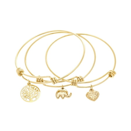 - Gold-Tone Stainless Steel 3 Pieces Dangling Hammered Heart Elephant Tree of Life Bangle
