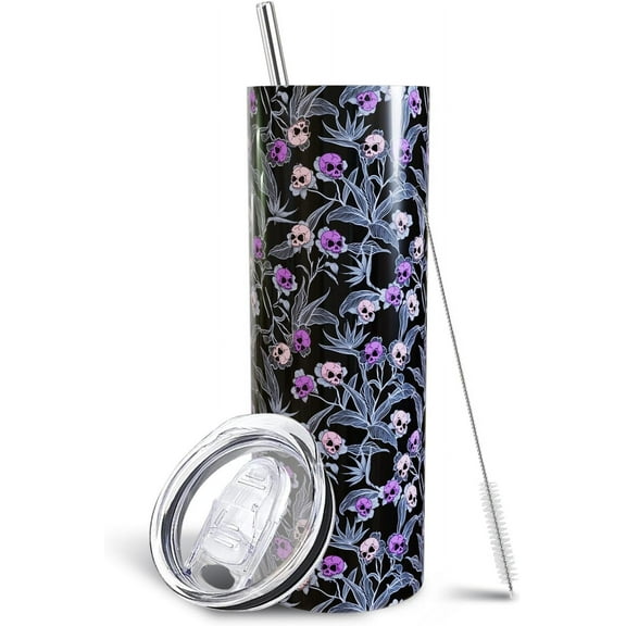 Halloween Skull 20oz Skinny Tumbler With Handle and Straw, Gothic Floral Lover Stainless Steel Insulated Cup, Holiday Gifts for Women Men