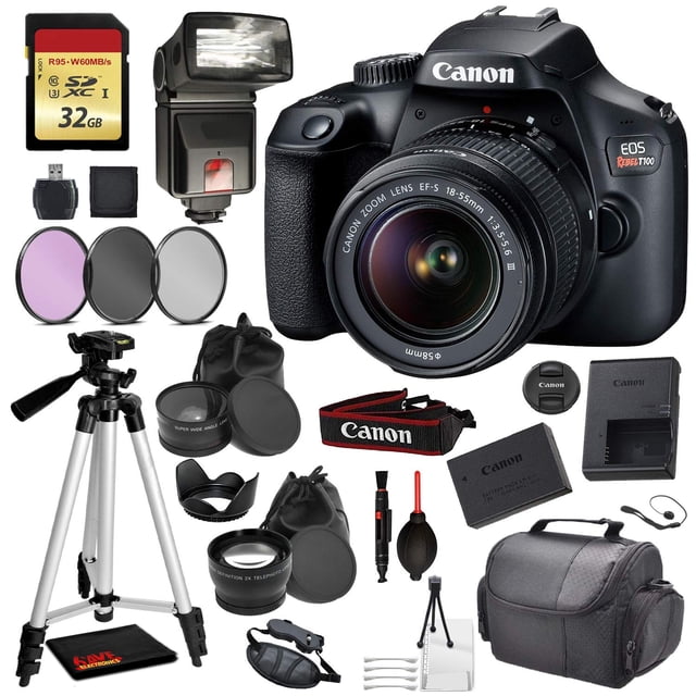 Canon EOS Rebel 4000D/ T100 Digital SLR Camera with EF-S 18-55mm f/3.5-5.6 DC III Lens Kit Pro Accessory Bundle Package Deal : 32gb SD Card + DSLR Bag + 57'' Tripod + More