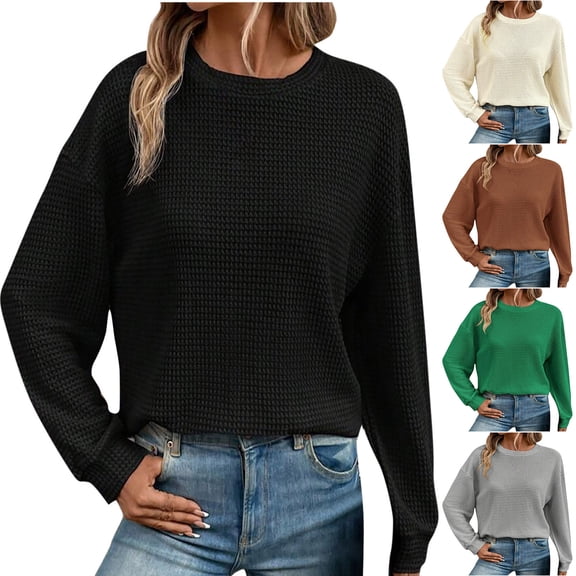 FRSASU Womens Casual Crewneck Waffle Sweatshirts Long Sleeve Cute Loose Tops Loose Fitting Pullovers Gray