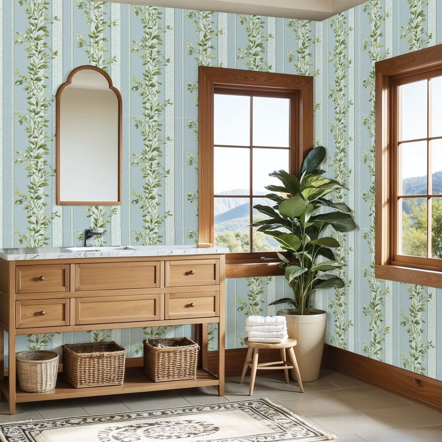 Sage Green Peel and Stick Wallpaper Vintage Botanical Floral Green Leaves Blue Wall Mural 23.6in x 9.8ft Self Adhesive Removable Wall Paper Renter Friendly Wallpaper for Girls Bedroom