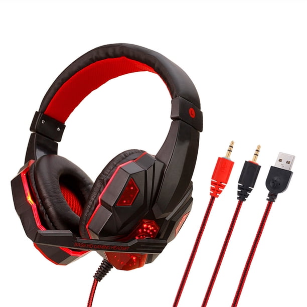 Auriculares Luminosos Para Juegos Auriculares Estéreo Usb Auriculares Con Cable Con Conector De Audio De 3,5 Mm Y Micrófono Led Auriculares Ajustables Suaves Para Computadora Pc Portátil,Red Muyoka Hogar