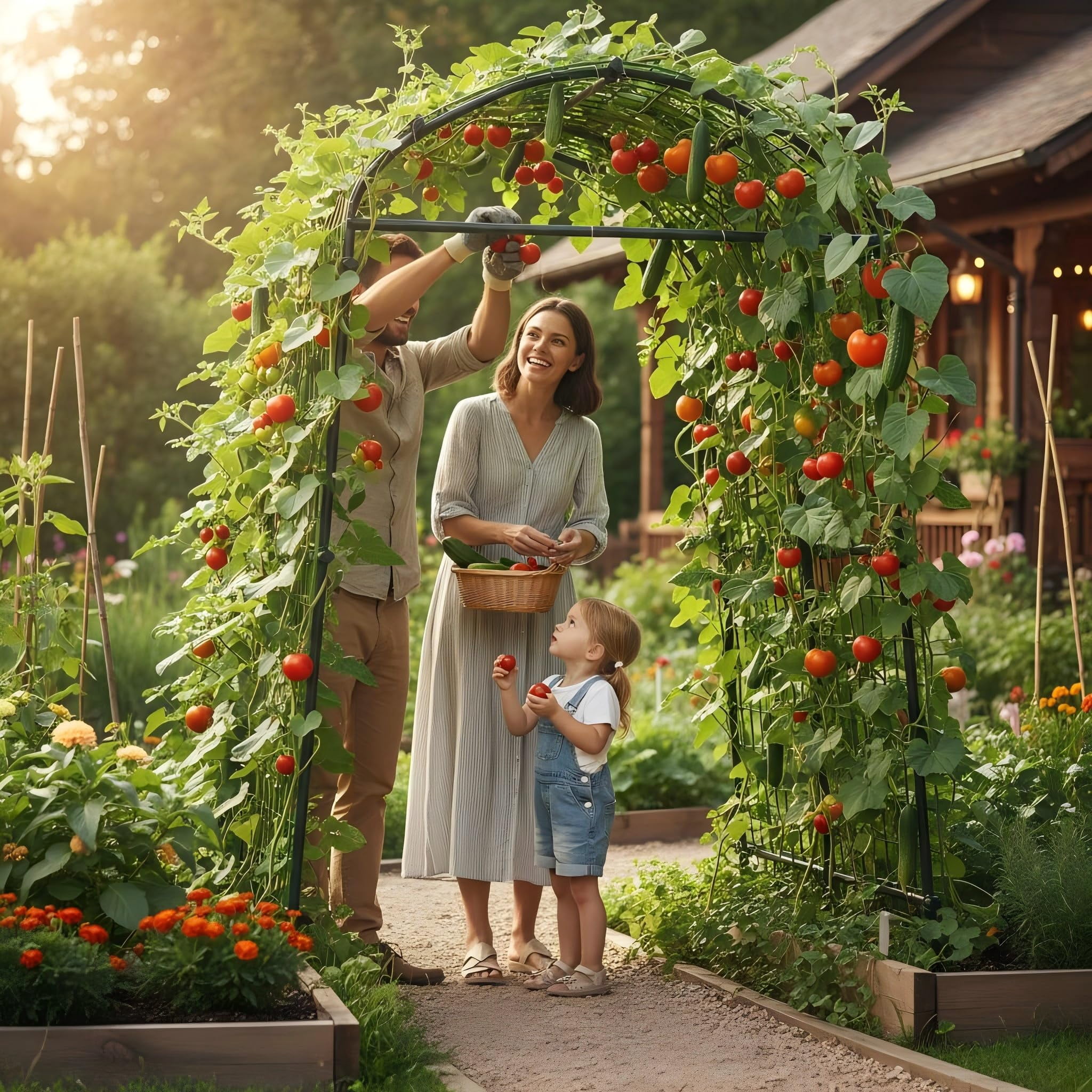 Garden Arch Trellis for Climbing Plants, 7FT Tall Cucumber Trellis with Clips & Nylon Net, Archway Arbor Plant Support for Raised Bed