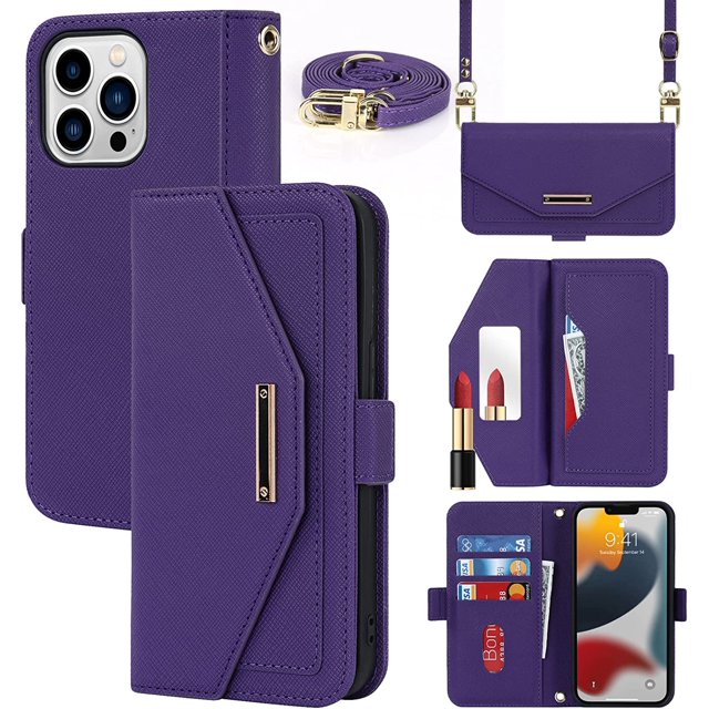 Cartera cruzada para iPhone 13 Pro Max con correa ajustable para tarjetas de crédito de 6.7", bolso de mano de piel sintética, soporte para teléfono, espejo de maquillaje, funda para hombre, mujer y