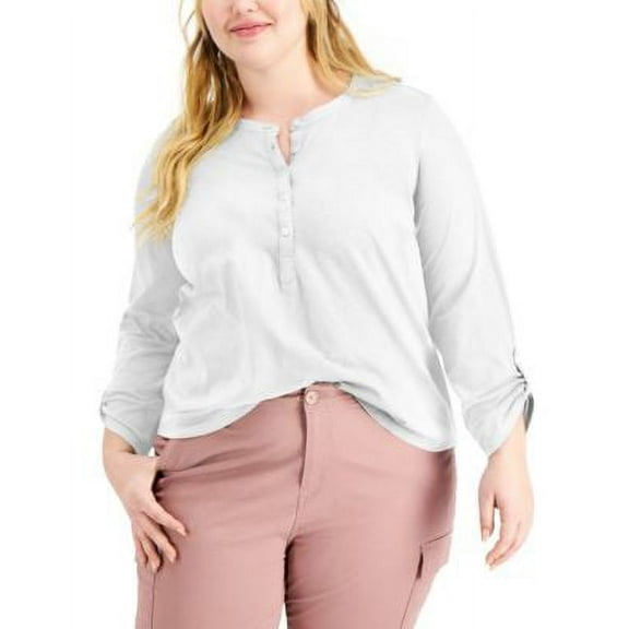 MSRP $50 Style & Co Plus Size Cotton Roll-Tab Henley Top White Size 2X