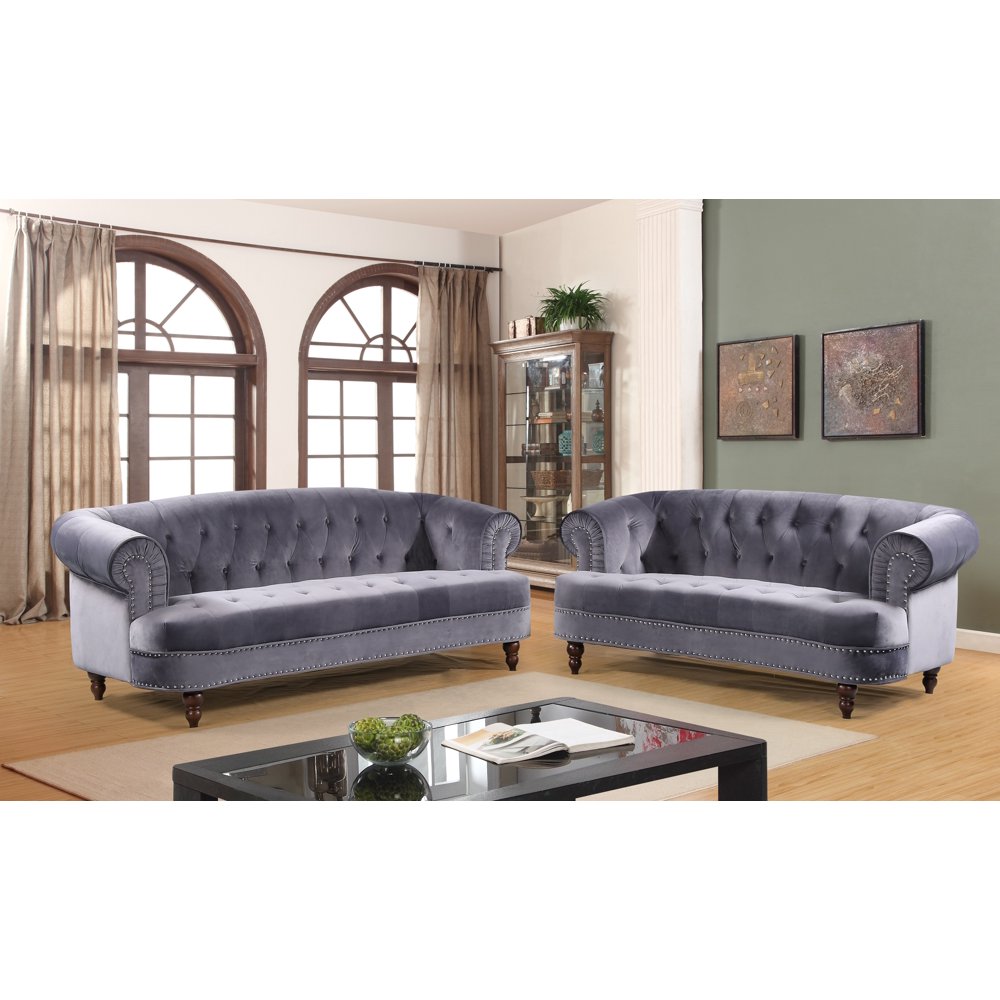 US Pride Furniture™ Downey Velvet Nail-head Chesterfield 2 Piece Sofa