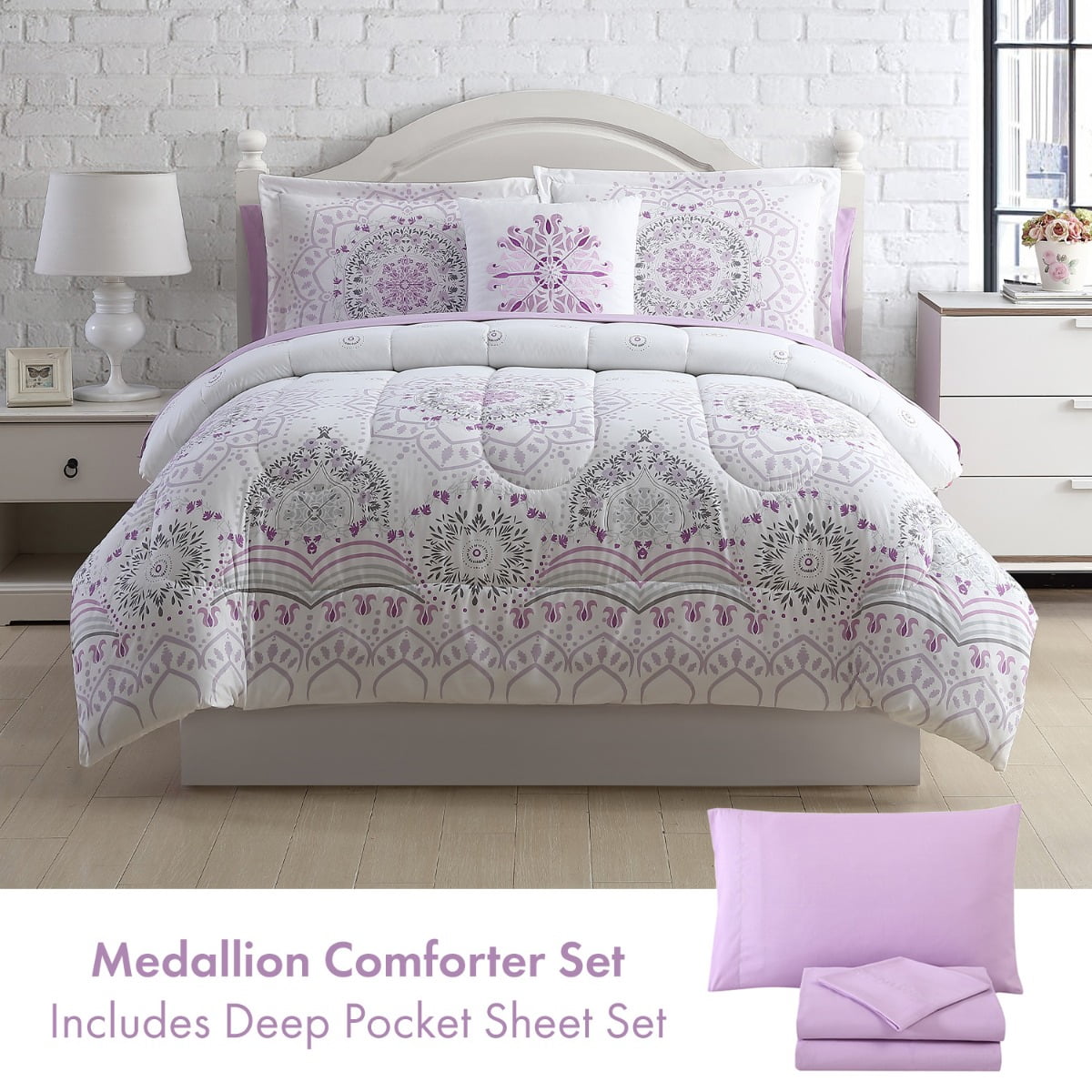 7 Piece Purple Lavender Grey Flocking Comforter Set Vine Bed In A Bag King Size Bedding by Grand Linen