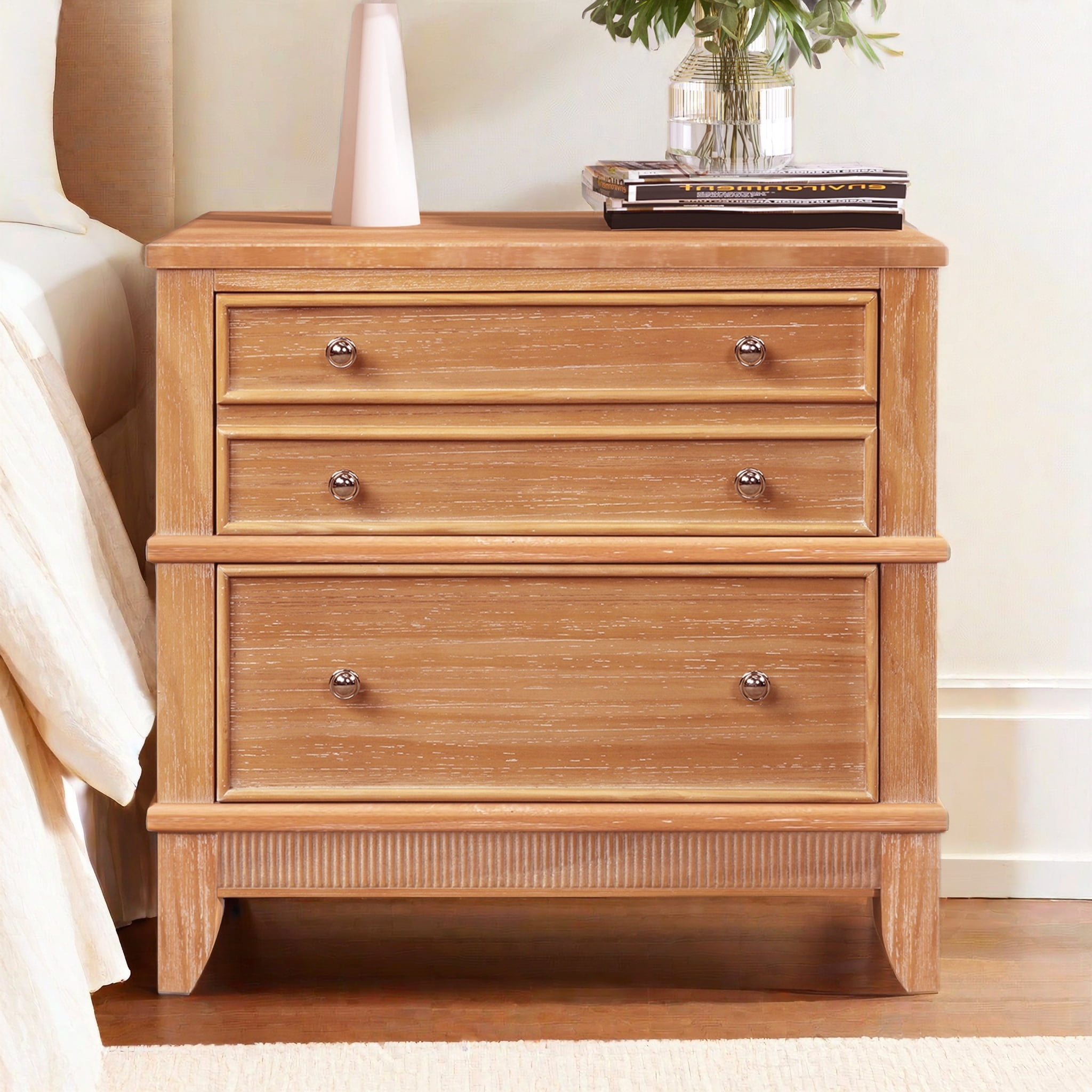 EUROCO  3-Drawer Side Table Nightstand for Bedroom, Living Room,  Hallway, Entryway,Silver Handle Finish